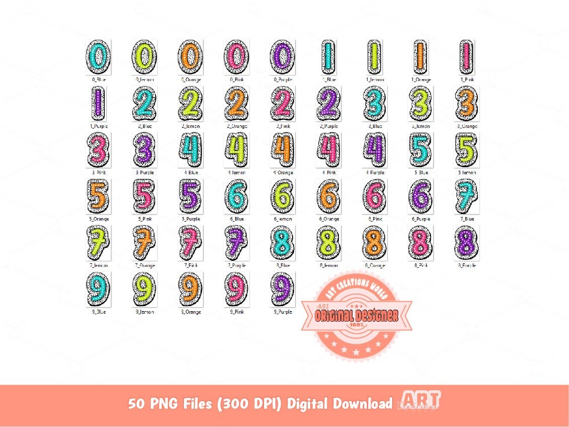 Colorful Dalmatian Numbers PNG Bundle, Bright Doodle Marquee dalmation Dots Number 0-9 Set Clipart, Birthday Sublimation Digital Download