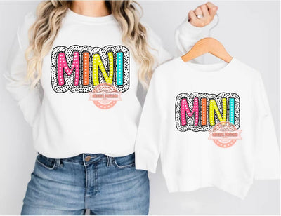 Matching Mama Mini Bright Doodle Dalmatian Dots letters PNG, Colorful Glitter Mommy and me Png Sublimation Shirt Design Digital Download