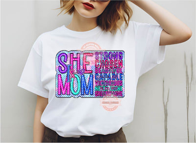 She is Mom Bright Checkered PNG, Strong beautiful Colorful Mama PNG Sublimation & DTF, Pink Blue Mother's Day Shirt Design Digital Download