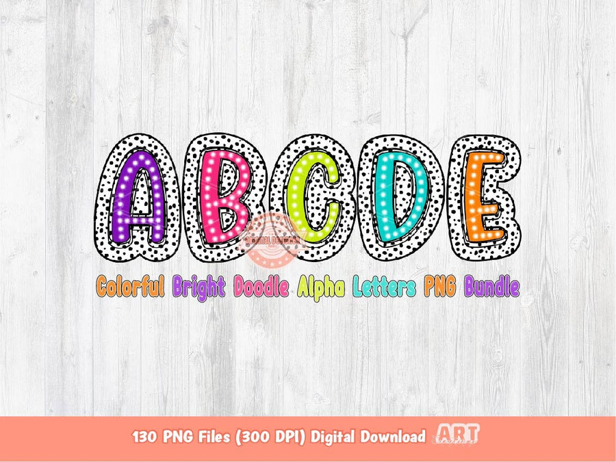 Colorful Dalmatian Letters PNG Bundle, Hand Drawn Bright Doodle Alpha A-Z Set Clipart Marquee Dots Alphabet Sublimation Digital Download