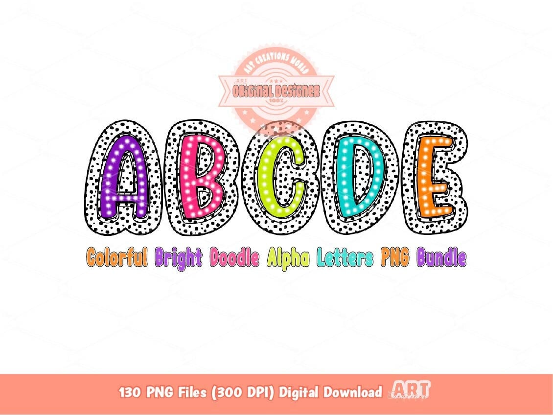 Colorful Dalmatian Letters PNG Bundle, Hand Drawn Bright Doodle Alpha A-Z Set Clipart Marquee Dots Alphabet Sublimation Digital Download