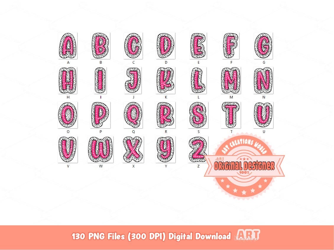 Colorful Dalmatian Letters PNG Bundle, Hand Drawn Bright Doodle Alpha A-Z Set Clipart Marquee Dots Alphabet Sublimation Digital Download