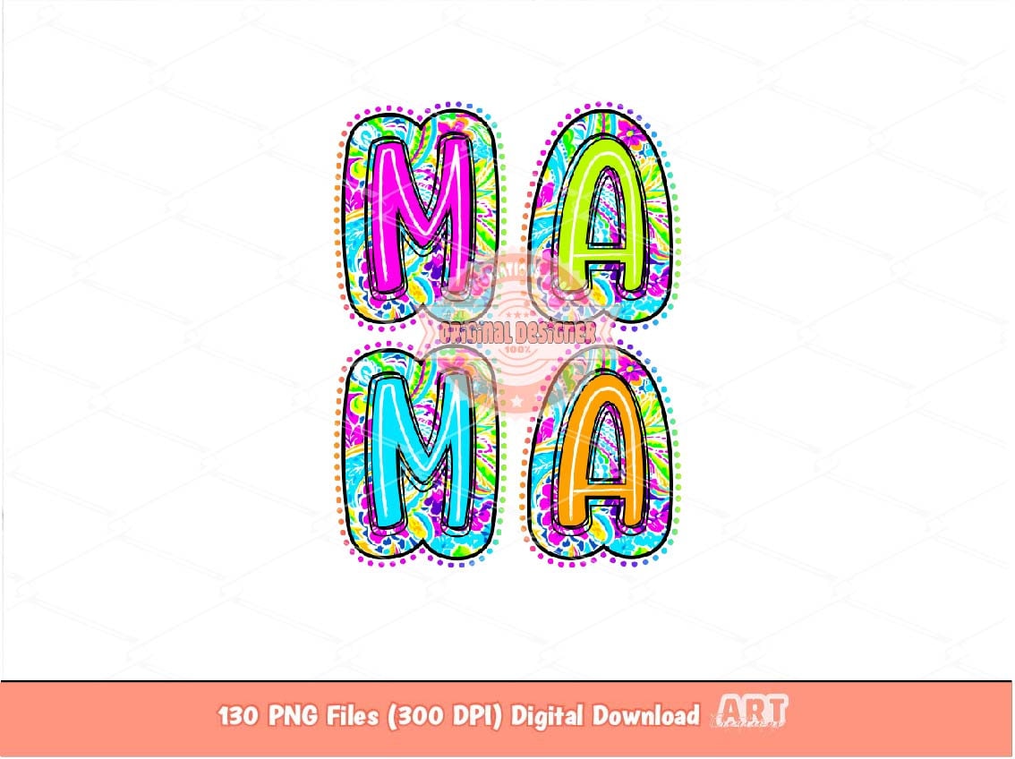 Bright Doodle Letters PNG Bundle, Hand Drawn Colorful Paisley Floral Alpha A-Z Set Clipart Neon Trendy Alphabet Sublimation Digital Download