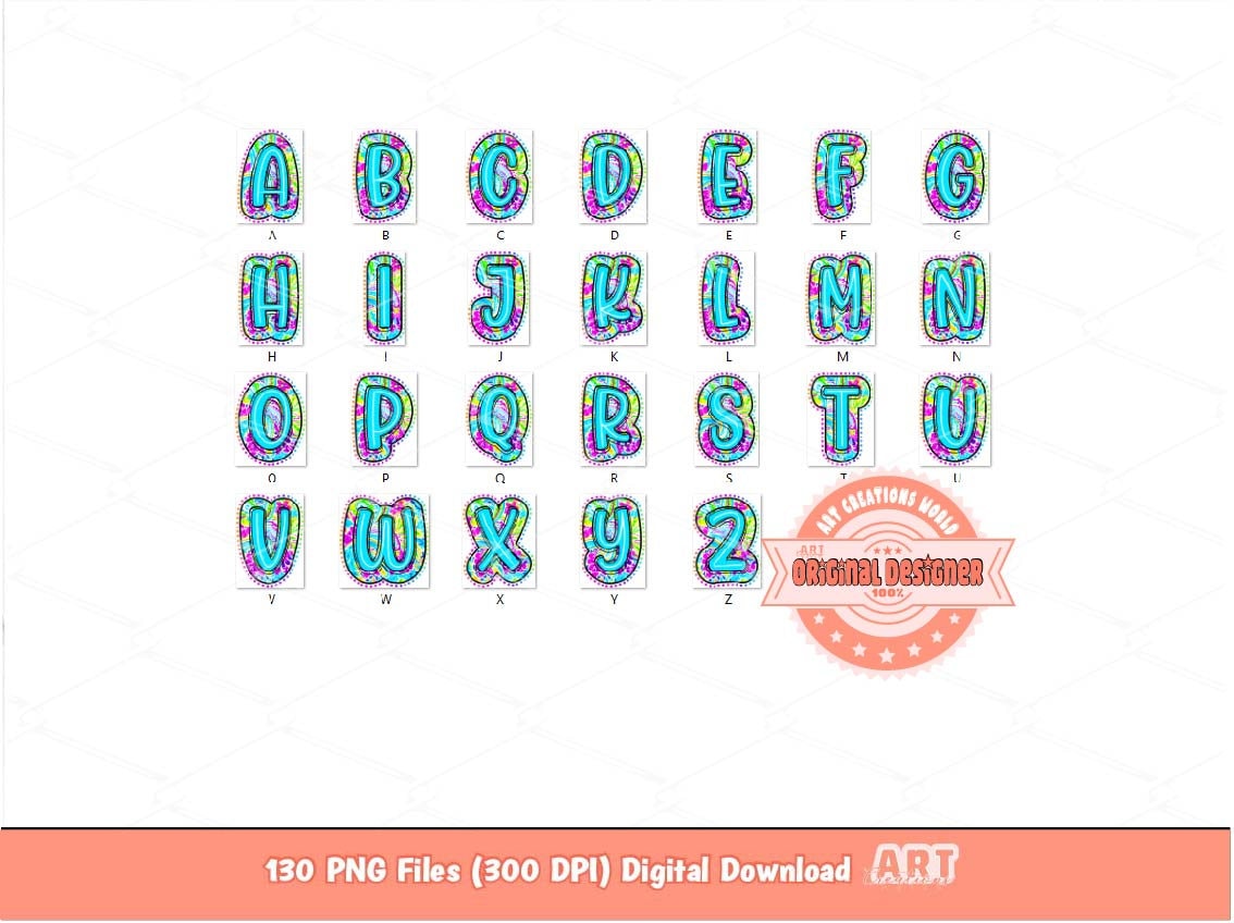 Bright Doodle Letters PNG Bundle, Hand Drawn Colorful Paisley Floral Alpha A-Z Set Clipart Neon Trendy Alphabet Sublimation Digital Download