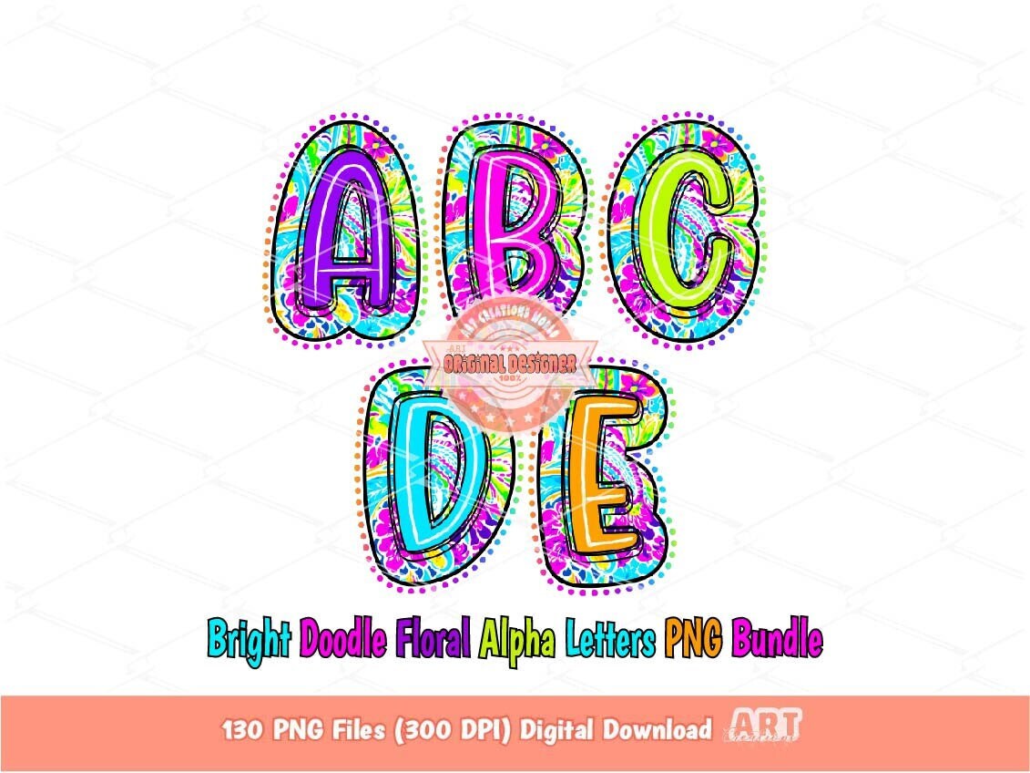 Bright Doodle Letters PNG Bundle, Hand Drawn Colorful Paisley Floral Alpha A-Z Set Clipart Neon Trendy Alphabet Sublimation Digital Download