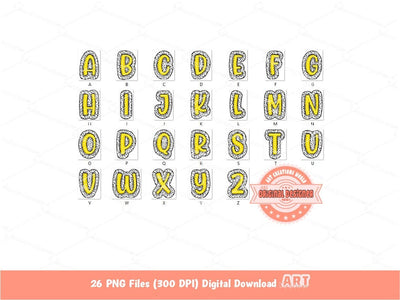 Yellow Dalmatian Letters PNG, Hand Drawn Bright Doodle Alpha A-Z Set Clipart Marquee Dots Alphabet for Sublimation and DTF Digital Download