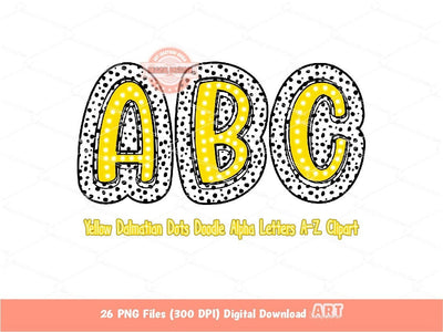 Yellow Dalmatian Letters PNG, Hand Drawn Bright Doodle Alpha A-Z Set Clipart Marquee Dots Alphabet for Sublimation and DTF Digital Download
