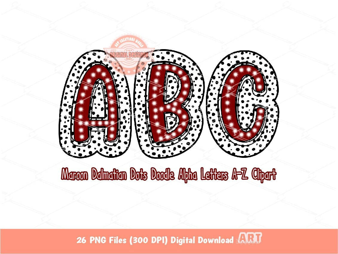 Maroon Dalmatian Letters PNG, Hand Drawn Bright Doodle Alpha A-Z Set Clipart Marquee Dots Alphabet for Sublimation and DTF Digital Download