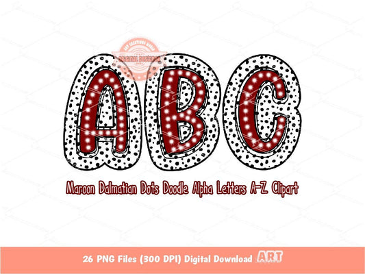 Maroon Dalmatian Letters PNG, Hand Drawn Bright Doodle Alpha A-Z Set Clipart Marquee Dots Alphabet for Sublimation and DTF Digital Download