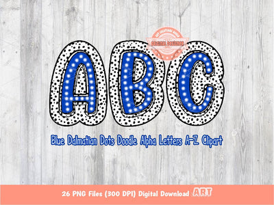 Blue Dalmatian Letters PNG, Hand Drawn Bright Royal Blue Doodle Alpha A-Z Set Clipart Dots Alphabet for Sublimation and DTF Digital Download