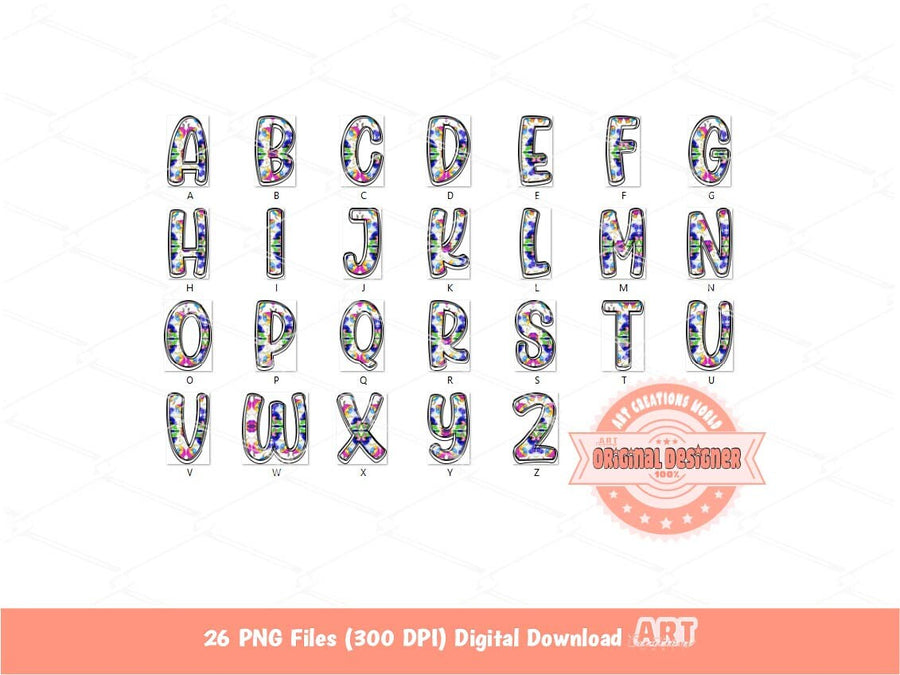 Bright Floral Sequin Doodle Letters PNG, Trendy Vibrant colors Alpha A-Z Set Clipart Glitter Alphabet for Sublimation & DTF Digital Download