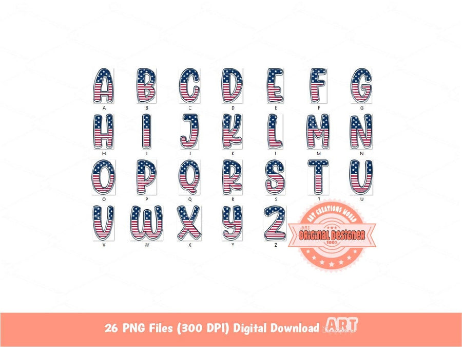 Stars and Stripes Doodle Letters PNG, Distressed 4th Of July Alpha A-Z Set Clipart Patriotic Alphabet for Sublimation & DTF Digital Download