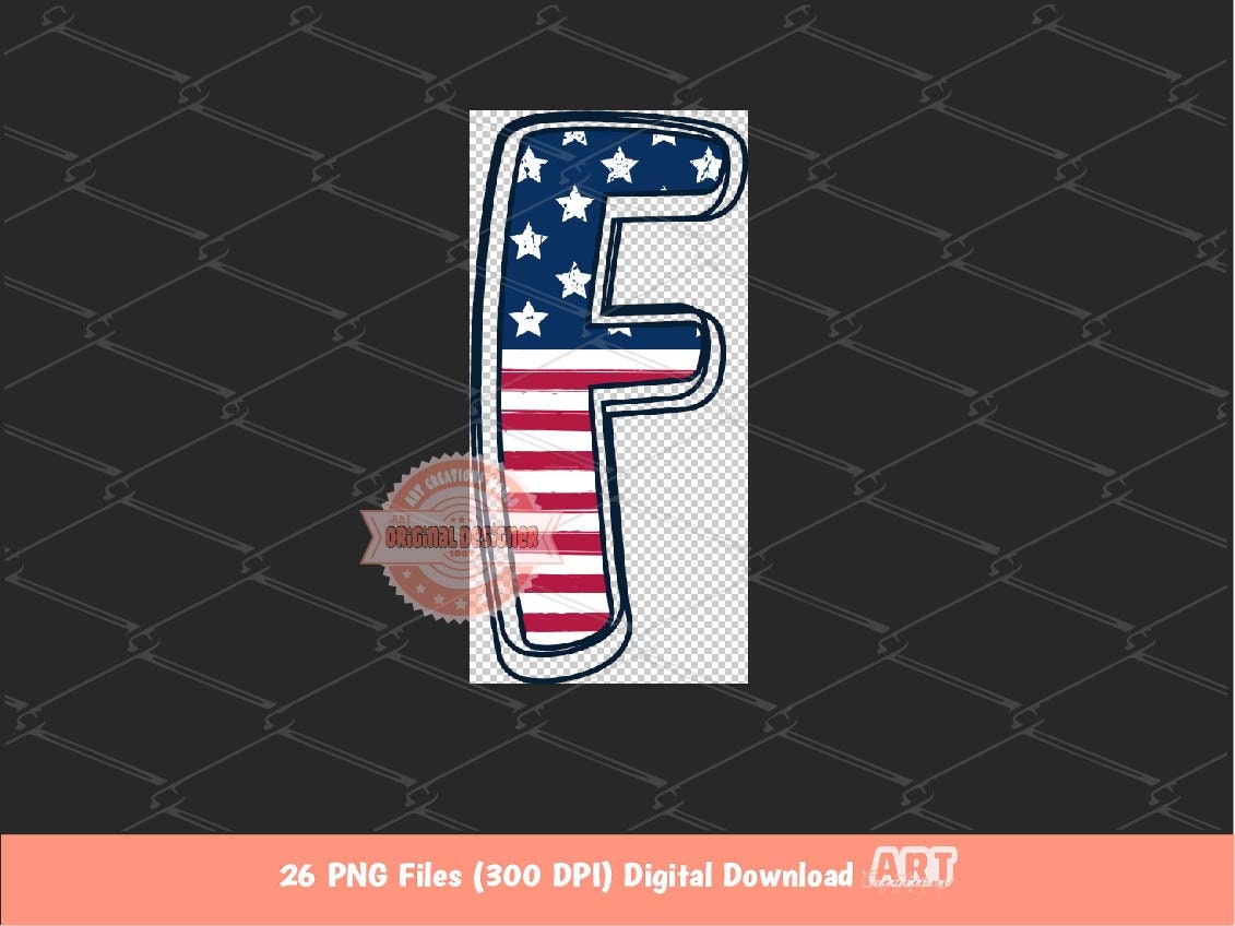 Stars and Stripes Doodle Letters PNG, Distressed 4th Of July Alpha A-Z Set Clipart Patriotic Alphabet for Sublimation & DTF Digital Download