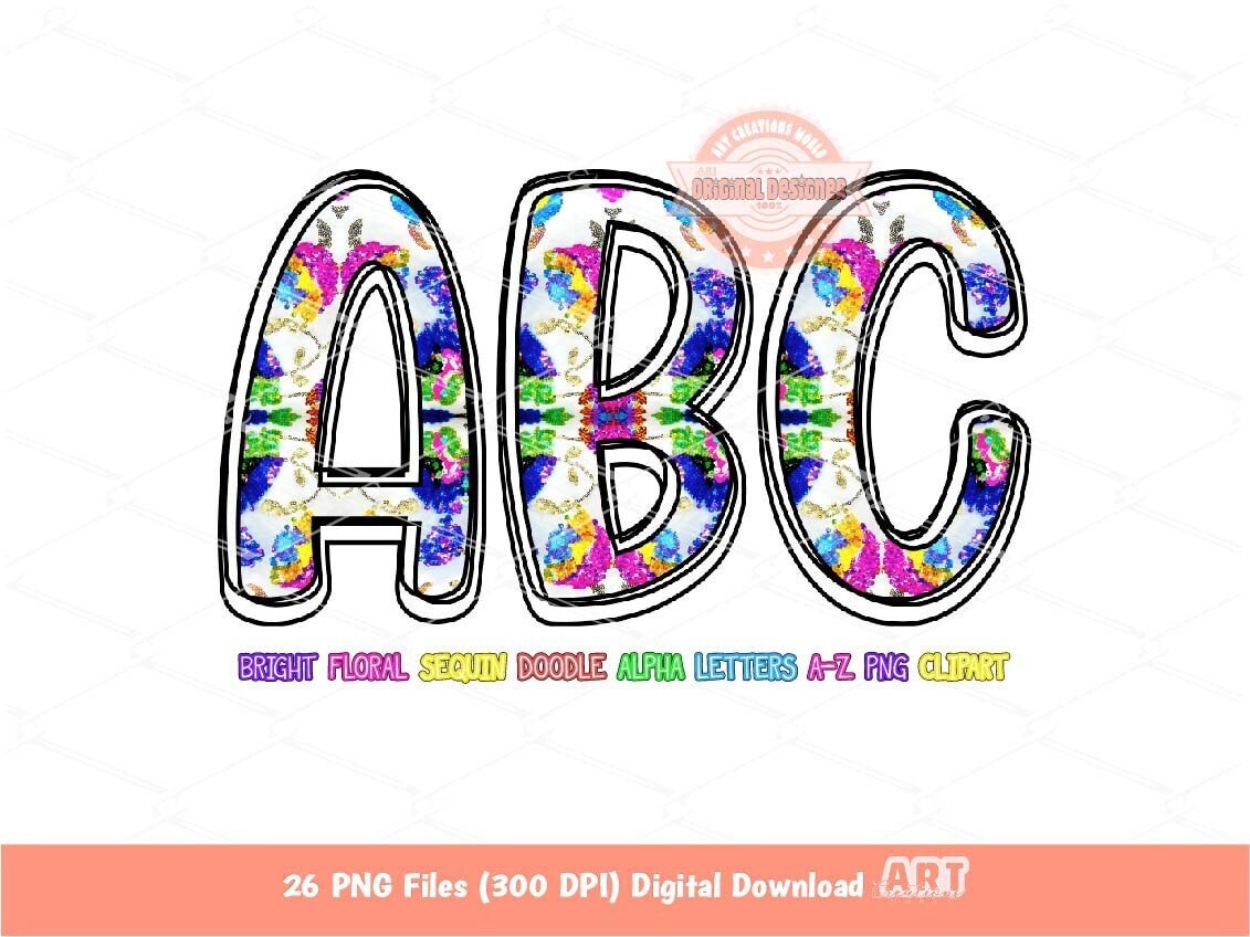 Bright Floral Sequin Doodle Letters PNG, Trendy Vibrant colors Alpha A-Z Set Clipart Glitter Alphabet for Sublimation & DTF Digital Download