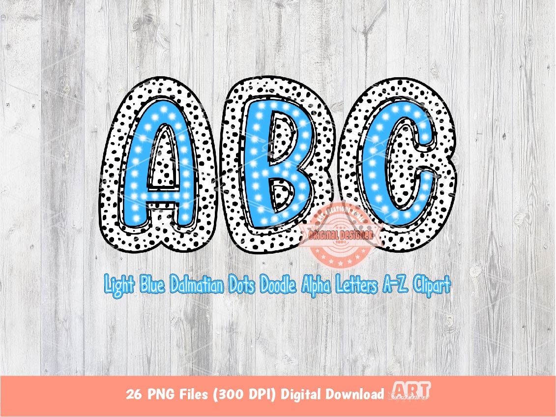 Light Blue Dalmatian Letters PNG, Hand Drawn Bright Blue Doodle Alpha A-Z Set Clipart Dots Alphabet for Sublimation & DTF Digital Download