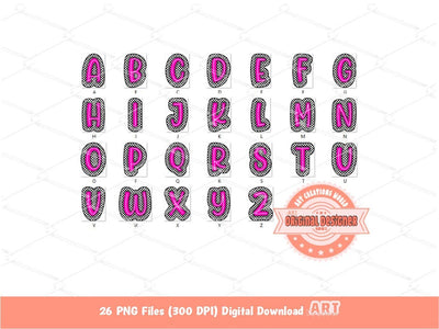 Bright Pink Distressed Checkered Doodle Letters PNG, Glitter Alpha A-Z Set Clipart Neon Pink Alphabet for Sublimation & DTF Digital Download