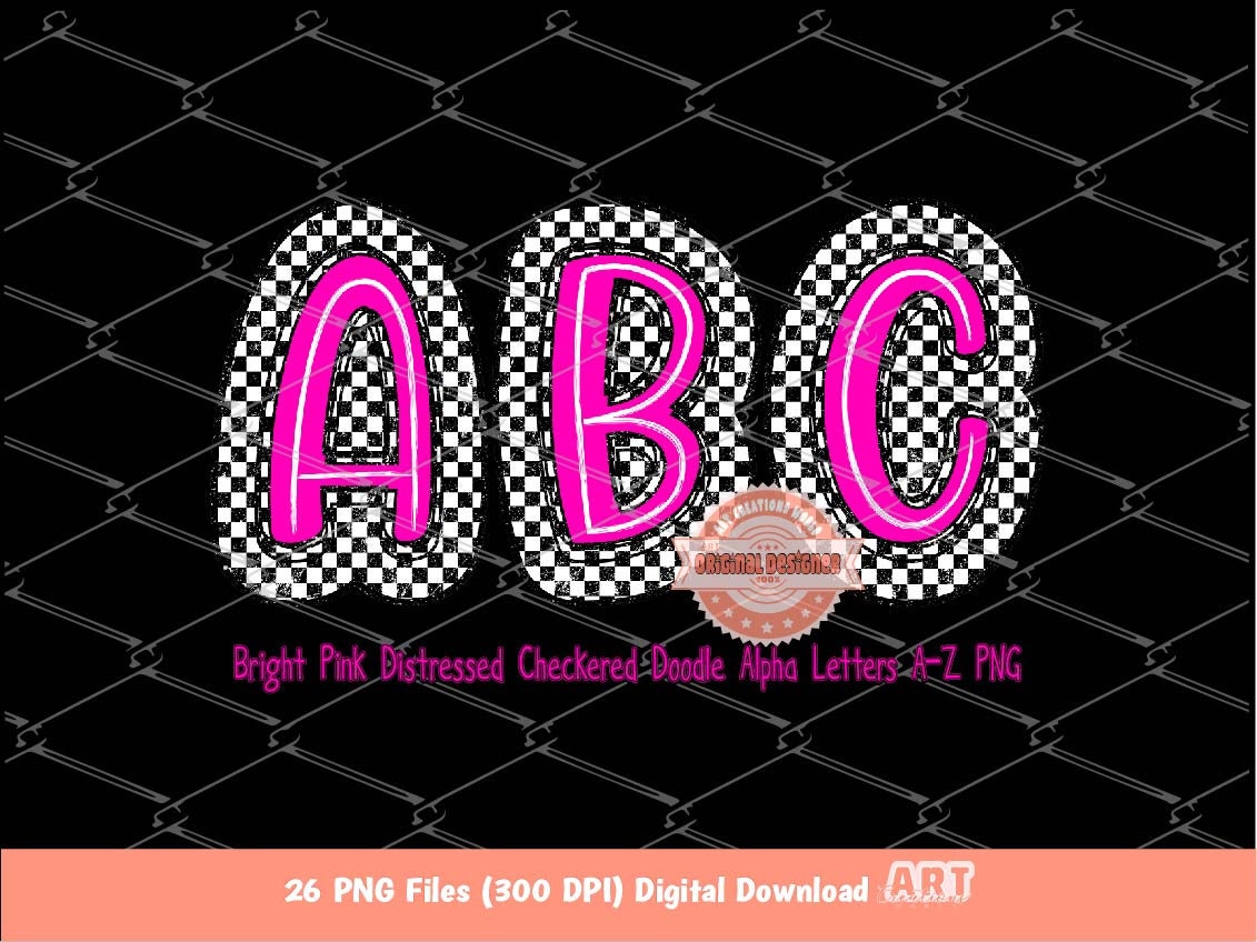 Bright Pink Distressed Checkered Doodle Letters PNG, Glitter Alpha A-Z Set Clipart Neon Pink Alphabet for Sublimation & DTF Digital Download