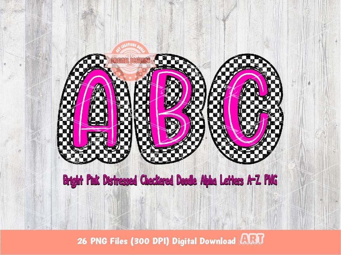 Bright Pink Distressed Checkered Doodle Letters PNG, Glitter Alpha A-Z Set Clipart Neon Pink Alphabet for Sublimation & DTF Digital Download