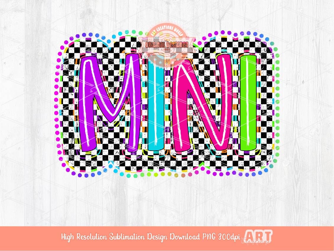 Mama Mini Bright Distressed Checkered Doodle PNG Bundle, Matching Neon Retro Colorful Nana Gigi Mimi Sublimation Dtf Shirt Design Download