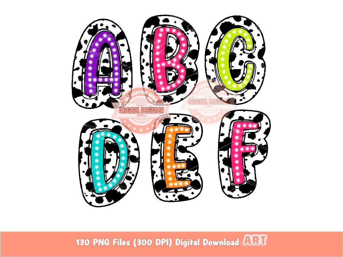 Colorful Cow Print Letters PNG Bundle, Hand Drawn Bright Doodle Alpha A-Z Set Clipart Cowgirl western Alphabet Sublimation Digital Download