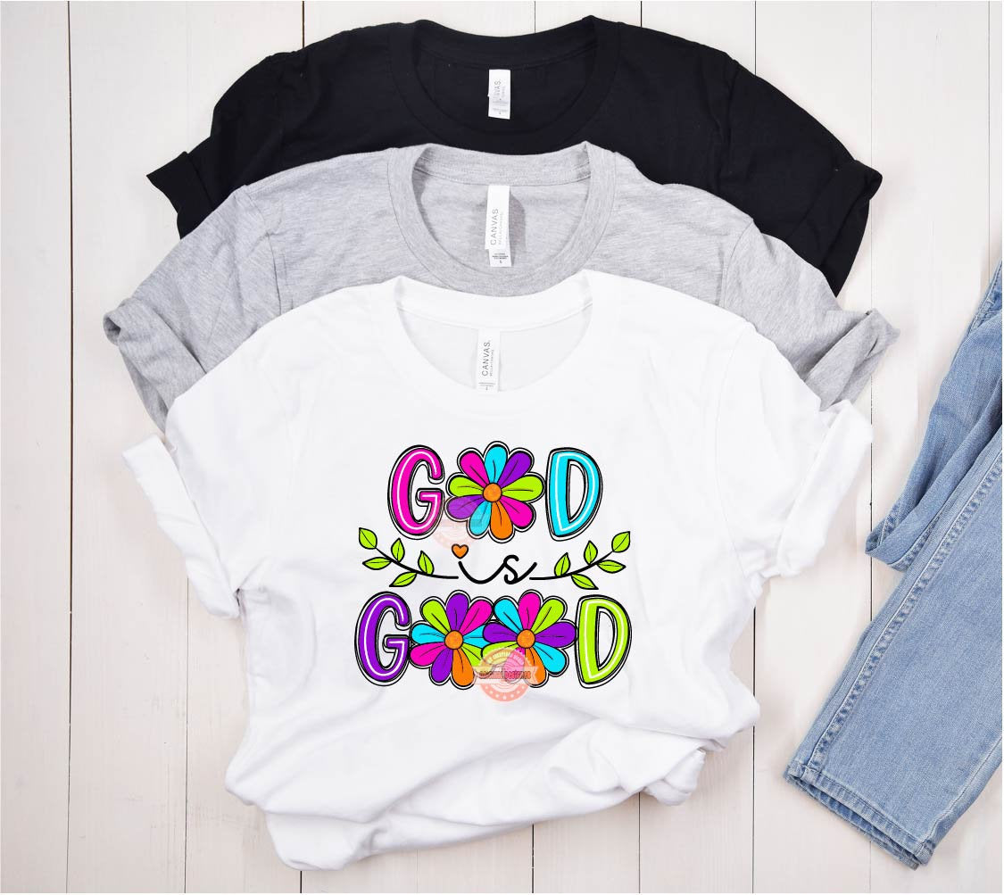 God Is Good PNG, God with neon Bright flowers Scribble doodle letters Png file, Christian Religious Sublimation & dtf Shirt Design Download