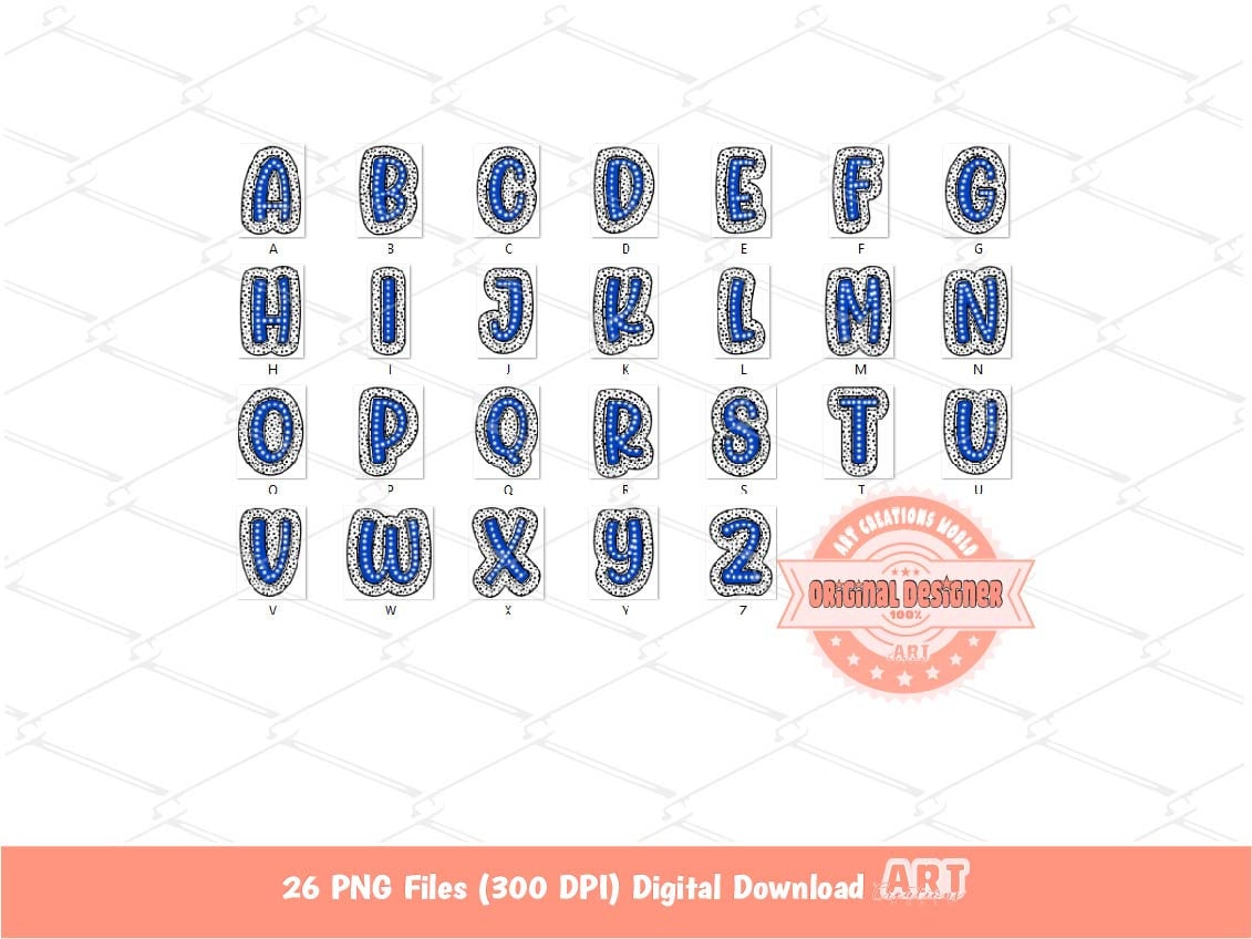 Blue Dalmatian Letters PNG, Hand Drawn Bright Royal Blue Doodle Alpha A-Z Set Clipart Dots Alphabet for Sublimation and DTF Digital Download