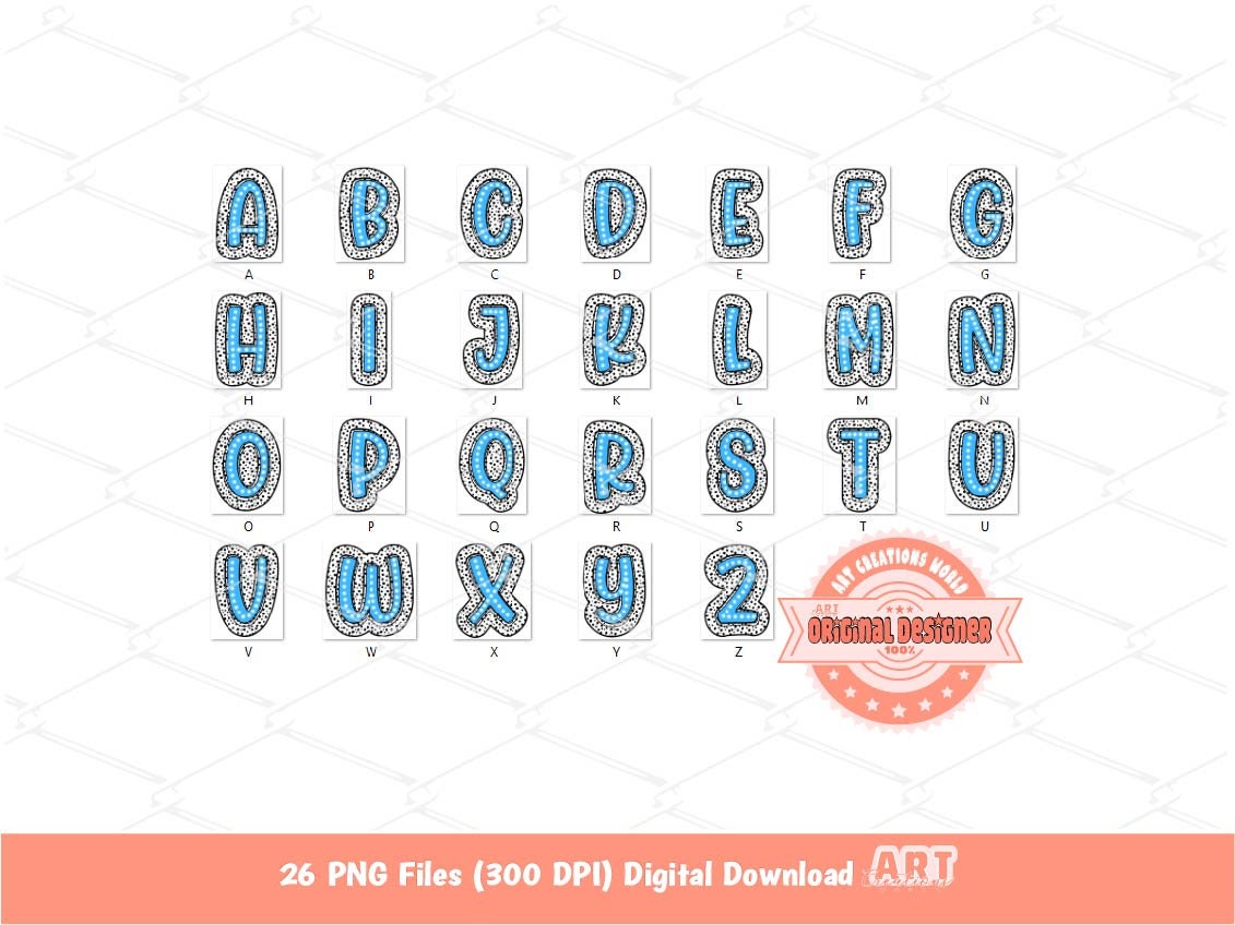 Light Blue Dalmatian Letters PNG, Hand Drawn Bright Blue Doodle Alpha A-Z Set Clipart Dots Alphabet for Sublimation & DTF Digital Download