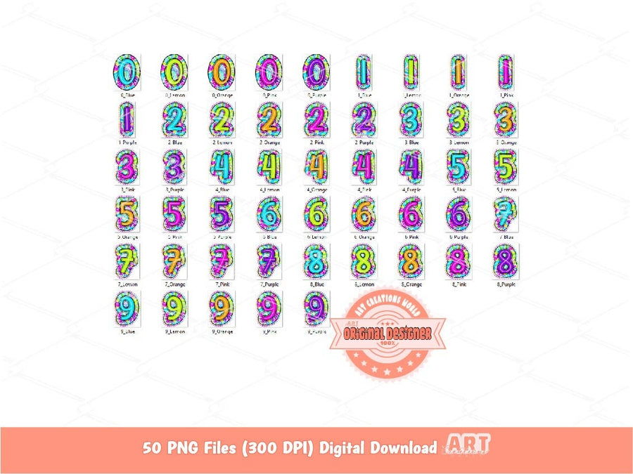 Bright Doodle Numbers PNG Bundle, Hand Drawn Colorful Paisley Floral Number 0-9 Set Clipart Neon Trendy Numbers Sublimation Digital Download