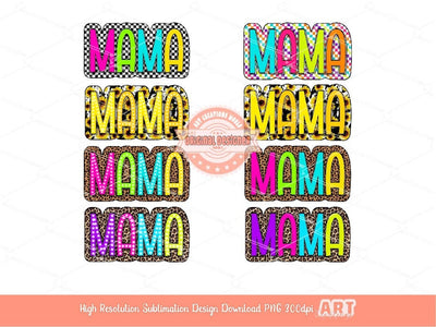 Mama PNG Bundle, 8 Png Files Mama Bright Checkered Leopard Sunflower Cow Print Colorful Mom Sublimation & Dtf Shirt Design, Digital Download