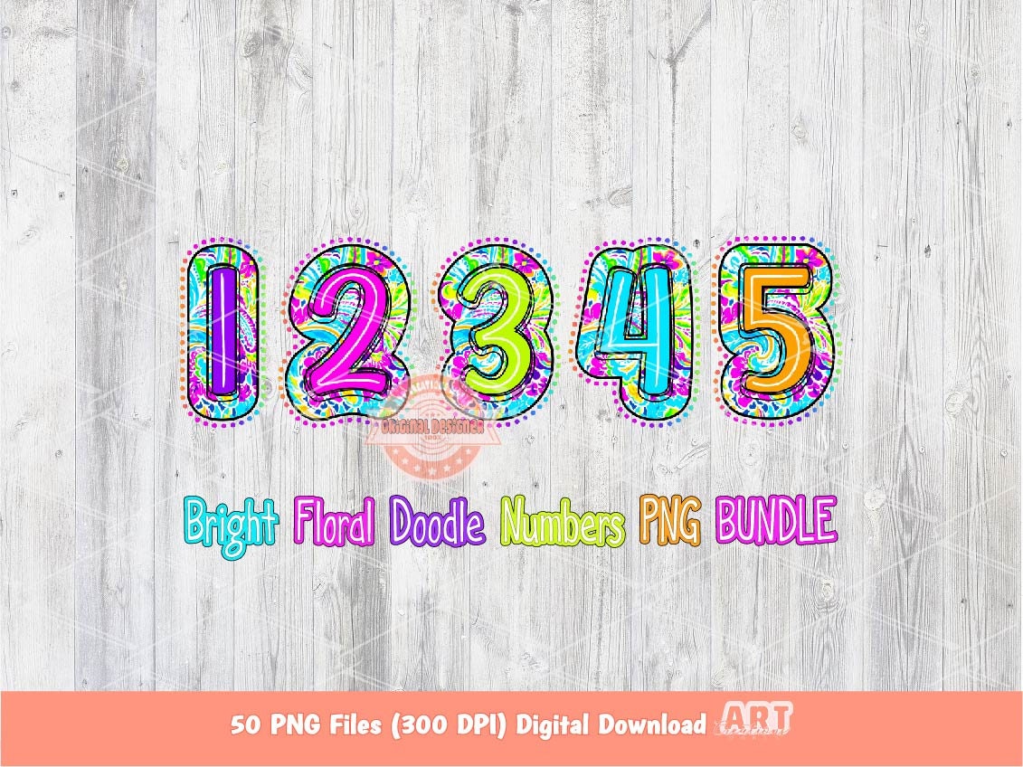 Bright Doodle Numbers PNG Bundle, Hand Drawn Colorful Paisley Floral Number 0-9 Set Clipart Neon Trendy Numbers Sublimation Digital Download