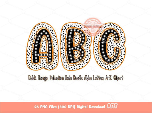 Black Orange Dalmatian Letters PNG, Hand Drawn Bright Doodle Alpha A-Z Set Clipart Dots Alphabet for Sublimation and DTF Digital Download