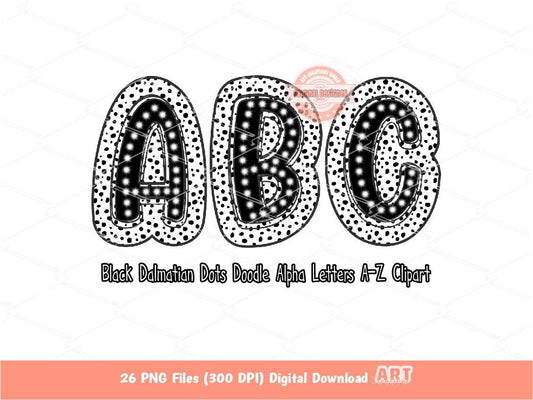 Black Dalmatian Letters PNG, Hand Drawn Bright Doodle Alpha A-Z Set Clipart, Dark Dots Alphabet for Sublimation and DTF Digital Download