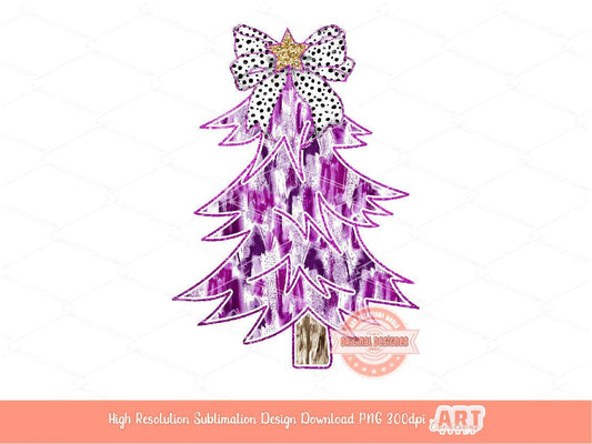 Colorful Coquette Pink Glitter Christmas Tree PNG, Hand Drawn Dalmatian Bow Shirt Design bright Paint Brush Stroke Sublimation & Dtf file