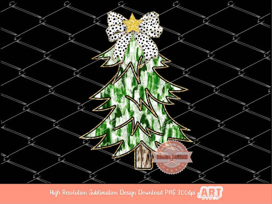 Green Coquette Gold Glitter Christmas Tree PNG, Hand Drawn Dalmatian Bow Girls Shirt Design bright Paint Brush Stroke Sublimation & Dtf file