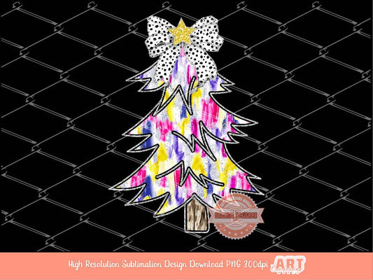 Colorful Coquette Silver Christmas Tree PNG, Hand Drawn Dalmatian Bow Girls Shirt Design bright Paint Brush Stroke Sublimation & Dtf file