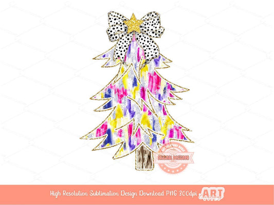 Colorful Coquette Gold Christmas Tree PNG, Hand Drawn Dalmatian Bow Girls Shirt Design bright Paint Brush Stroke Sublimation & Dtf file