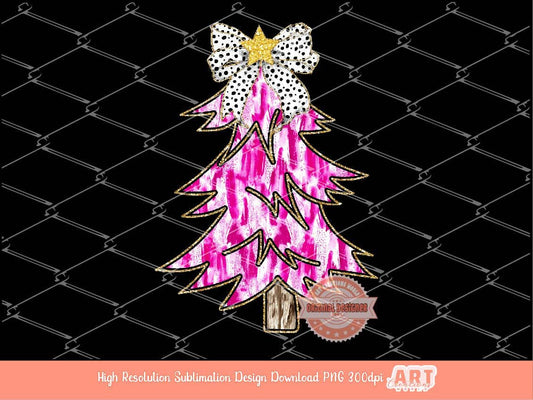 Pink Coquette Gold Glitter Christmas Tree PNG, Hand Drawn bright Paint Brush Stroke Tree Dalmatian Bow Shirt Design Sublimation & Dtf file