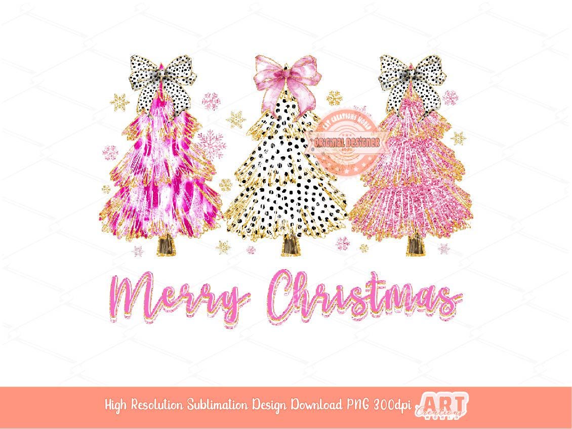 Coquette Merry Christmas PNG, Hand Drawn bright Paint Brush Stroke Tree Dalmatian Bow gold glitter Pink Shirt Design Sublimation & Dtf file