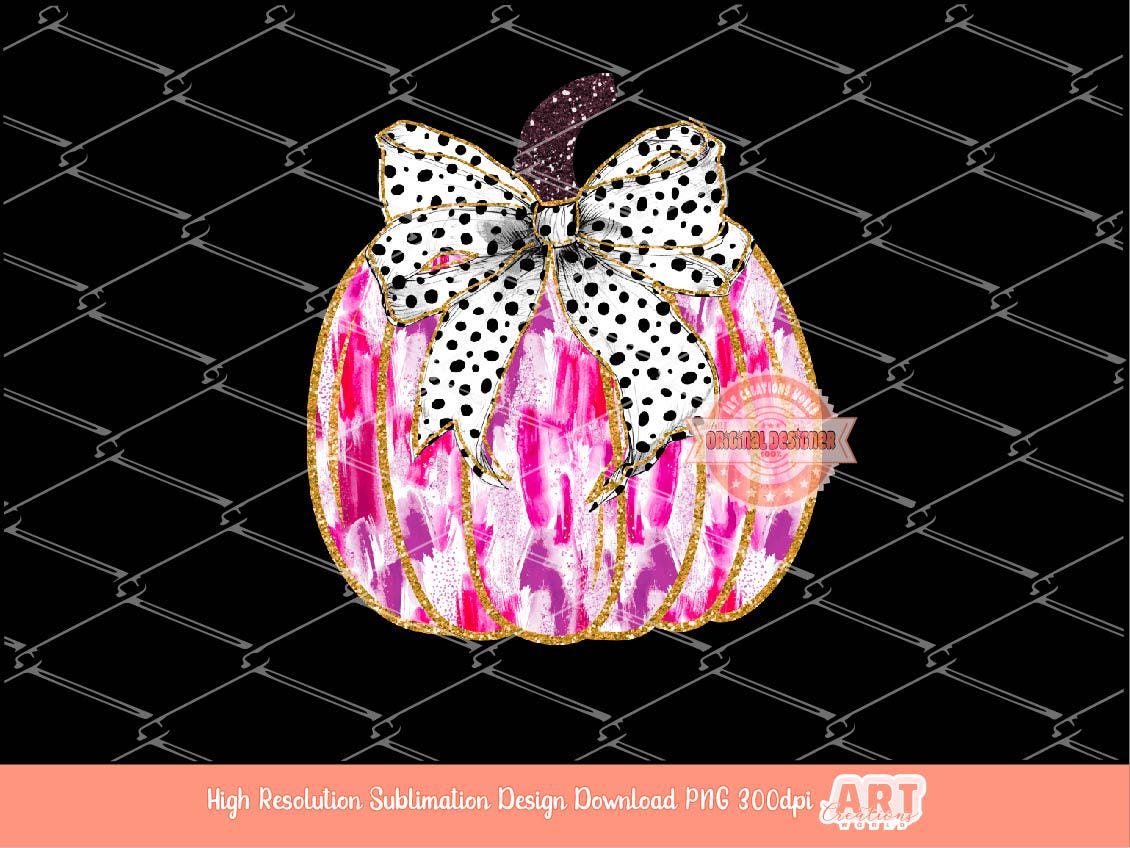 Colorful Coquette Pumpkin PNG, Hand Drawn bright Pink Paint Brush Stroke Dalmatian Bow Fall Thanksgiving Shirt Design Sublimation & Dtf file