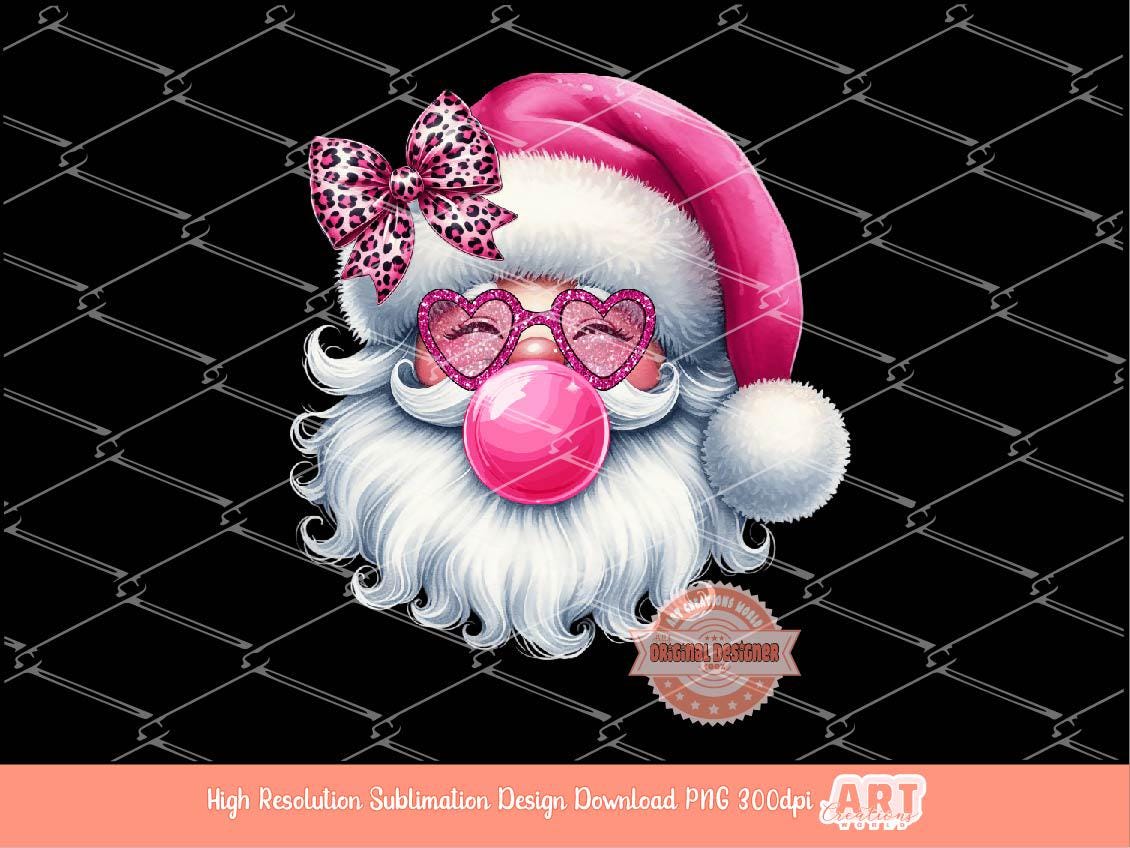 Coquette Santa PNG, Retro vintage Santa face with bubble gum Pink leopard bow Glitter sunglasses Christmas Shirt Design Sublimation & Dtf