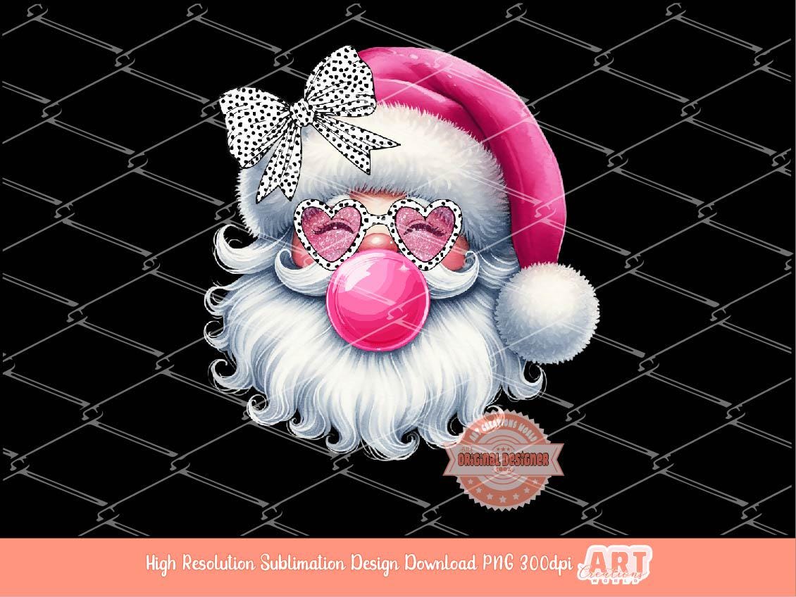 Coquette Santa PNG, Retro vintage Santa face with bubble gum Dalmatian bow Pink Glitter sunglasses Christmas Shirt Design Sublimation & Dtf