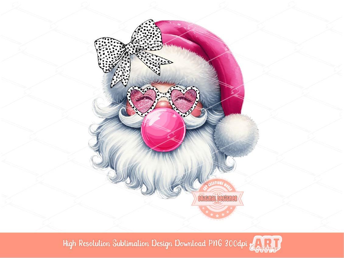 Coquette Santa PNG, Retro vintage Santa face with bubble gum Dalmatian bow Pink Glitter sunglasses Christmas Shirt Design Sublimation & Dtf