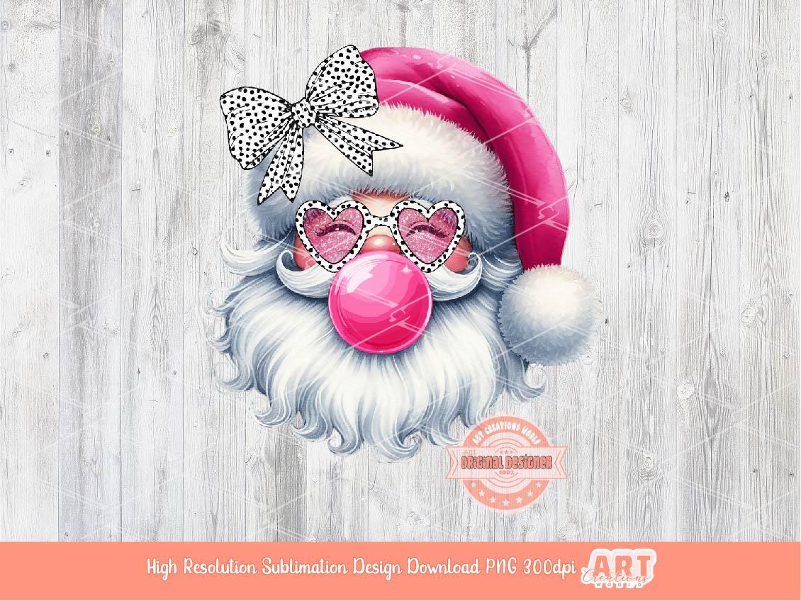 Coquette Santa PNG, Retro vintage Santa face with bubble gum Dalmatian bow Pink Glitter sunglasses Christmas Shirt Design Sublimation & Dtf