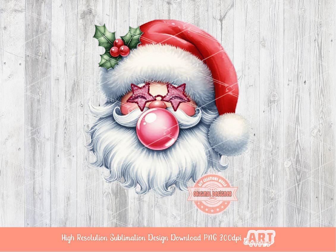 Coquette Santa PNG, Retro vintage Cute Santa face with bubble gum Pink Glitter Star Sunglasses Christmas Shirt Design Sublimation & Dtf File