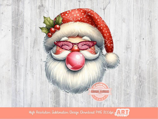 Coquette Santa PNG, Retro vintage Cute Santa face with bubble gum Red Glitter Star Sunglasses Christmas Shirt Design Sublimation & Dtf File