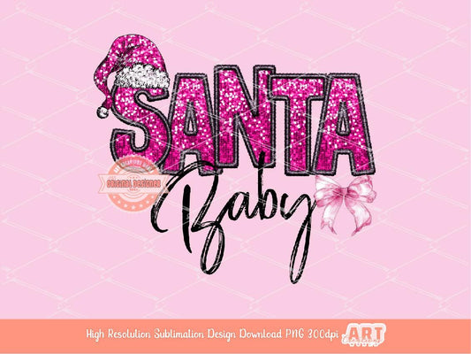 Coquette Santa Baby PNG, Faux embroidery Pink sequin Glitter letters hat Christmas Shirt Girly Design Sublimation File Digital Download