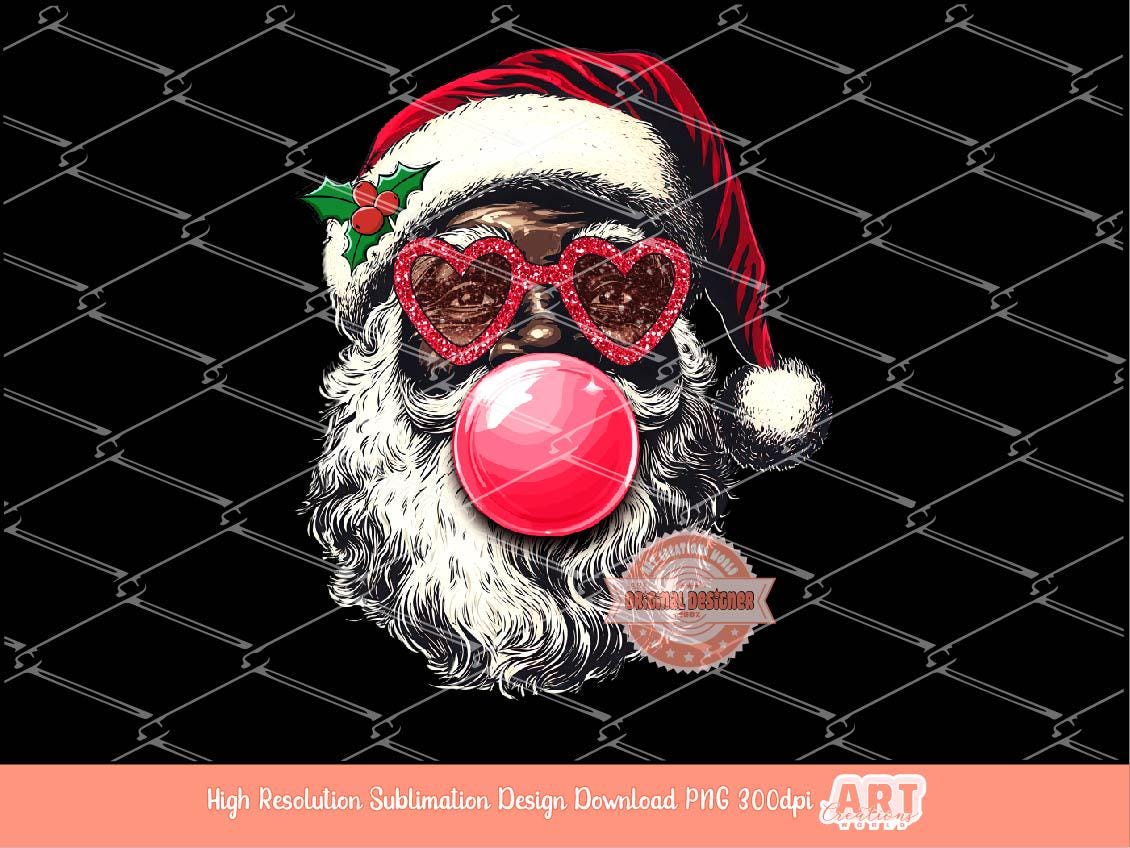 Coquette Black Santa PNG, Retro vintage Santa face with bubble gum Red Sunglasses Christmas Shirt Design Sublimation & Dtf File Digital