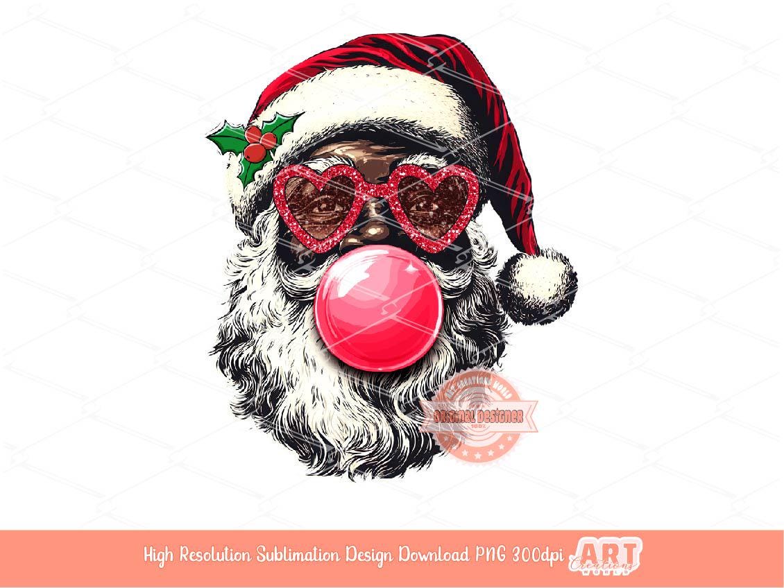 Coquette Black Santa PNG, Retro vintage Santa face with bubble gum Red Sunglasses Christmas Shirt Design Sublimation & Dtf File Digital