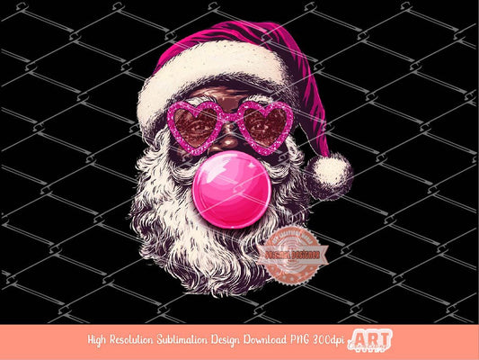 Coquette Black Santa PNG, Retro vintage Santa face with bubble gum Pink Sunglasses Christmas Shirt Design Sublimation & Dtf File Digital