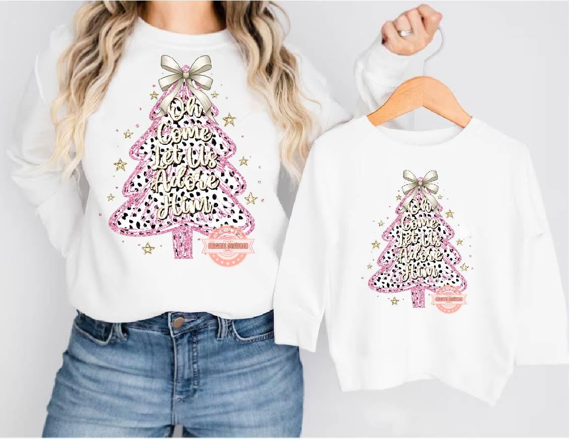 Oh Come Let Us Adore Him Dalmatian Christmas Tree PNG, Coquette Gold Pink Glitter Christian Jesus Holiday Shirt Design Sublimation & Dtf